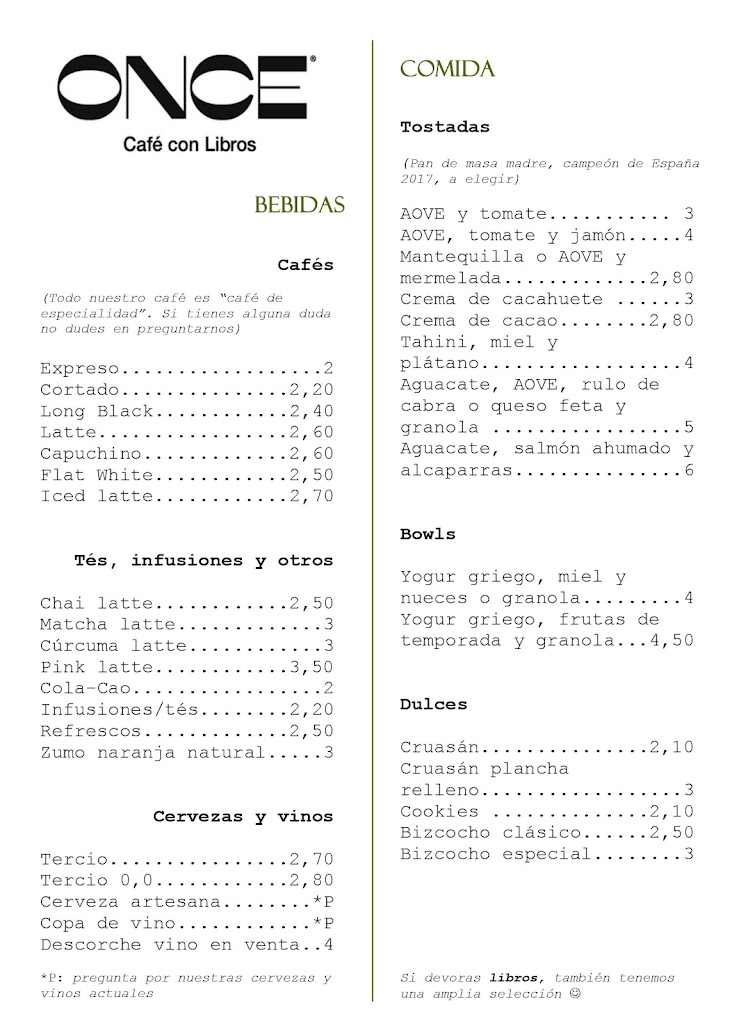 Once Cafe con Libros - Cafe de Especialidad — Carta
