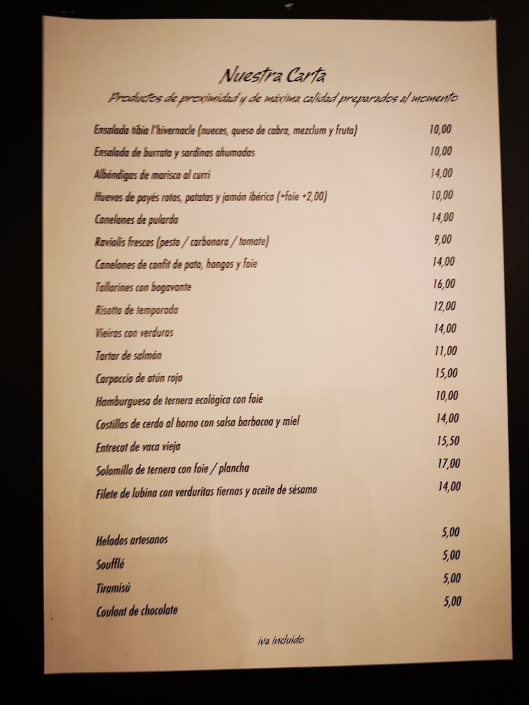 l'hivernacle Restaurant i Copes — Carta
