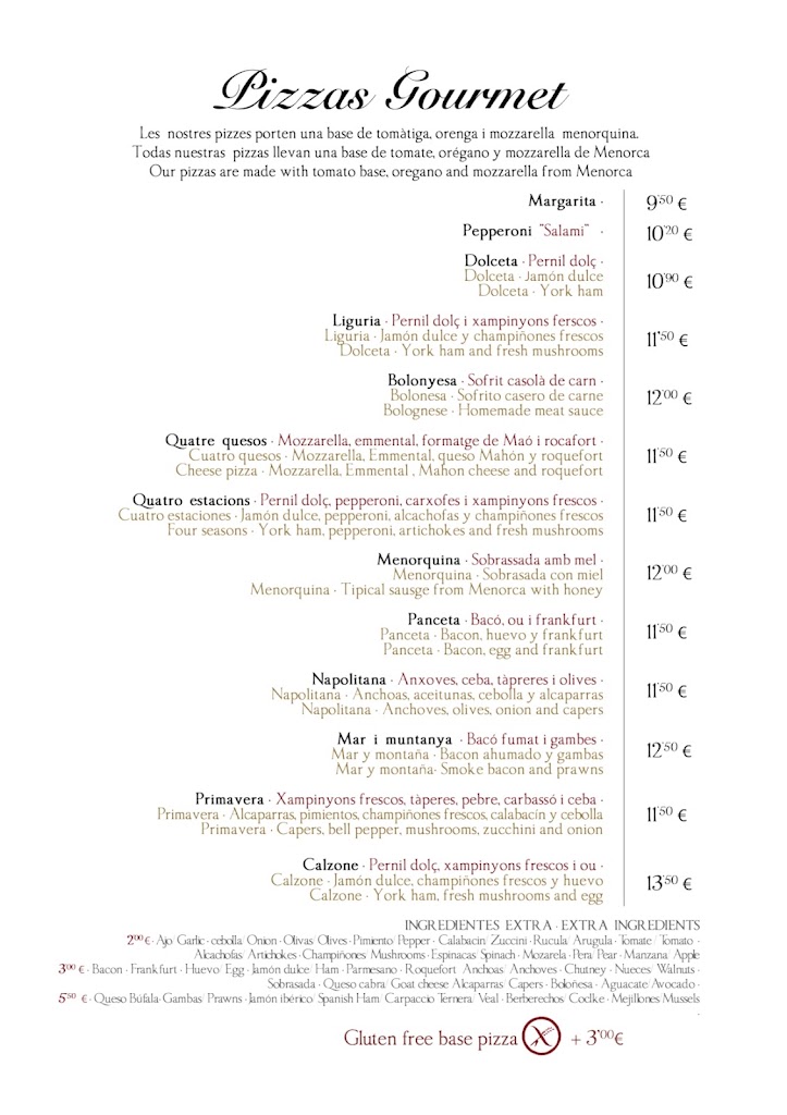 Restaurante Pizzeria Santa Clara Menorca — Carta