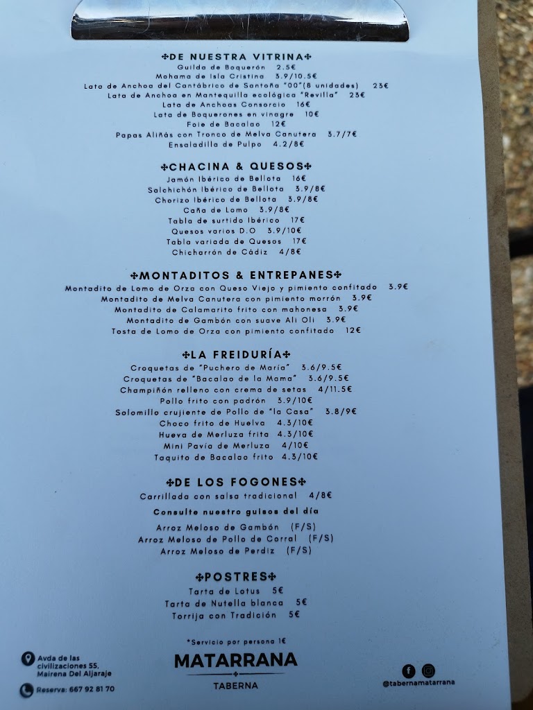 Taberna Matarrana — Carta