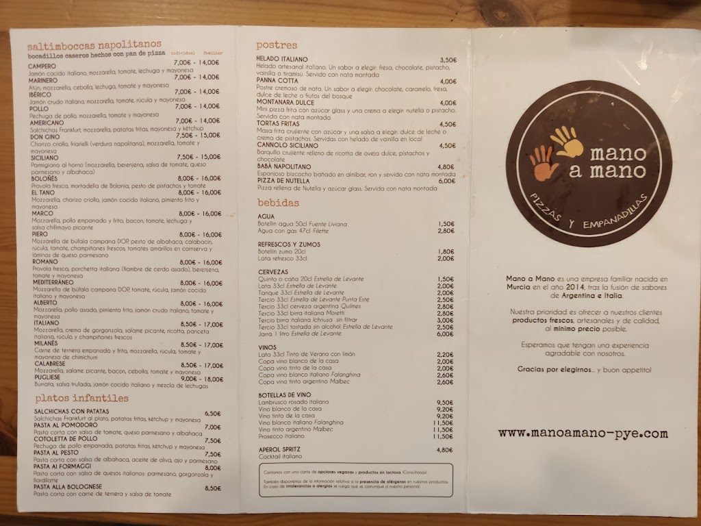 Pizzeria Mano a Mano Cartagena — Carta