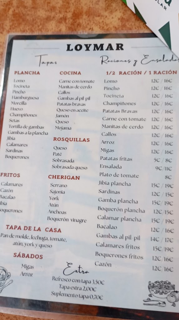 Cafeteria - Cerveceria LOYMAR — Carta