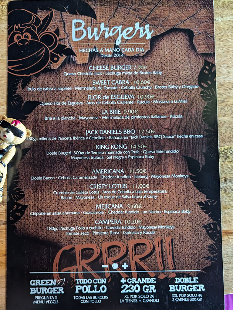 Monkeys Burger Bar — Carta