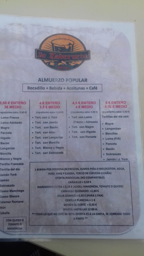 Bar La Taberneta — Carta