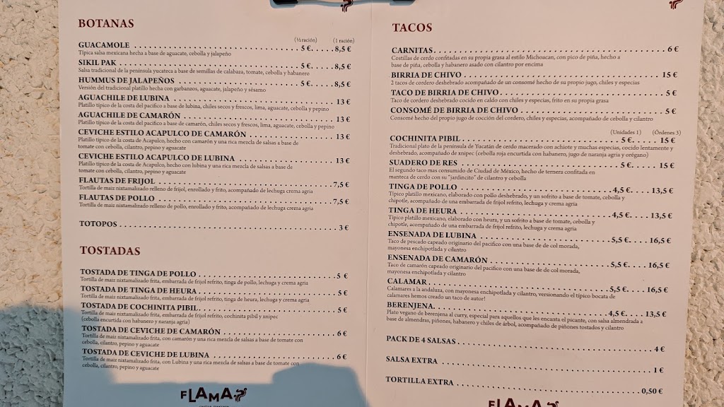 Flama *cantina mexicana* — Carta