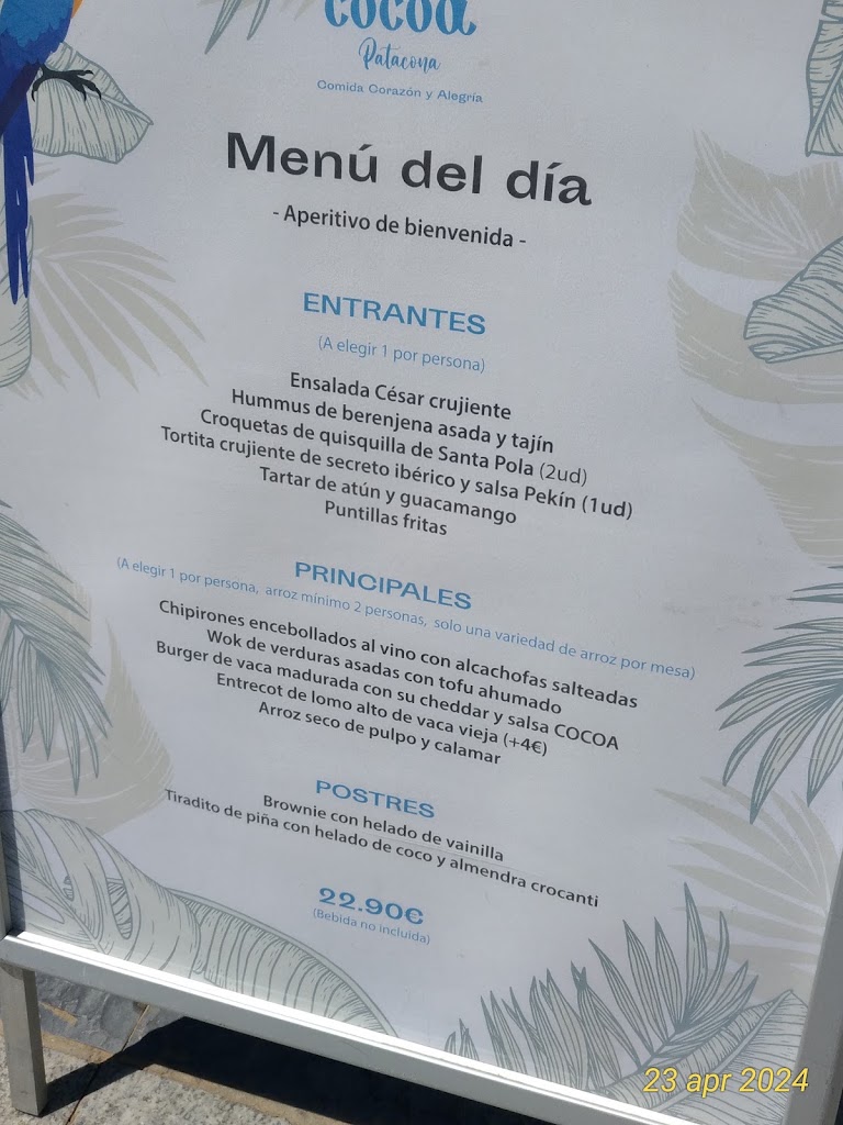 Restaurante Cocoa Patacona — Carta