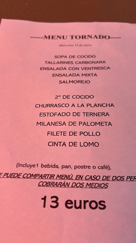 Cafeteria Restaurante Tornado — Carta