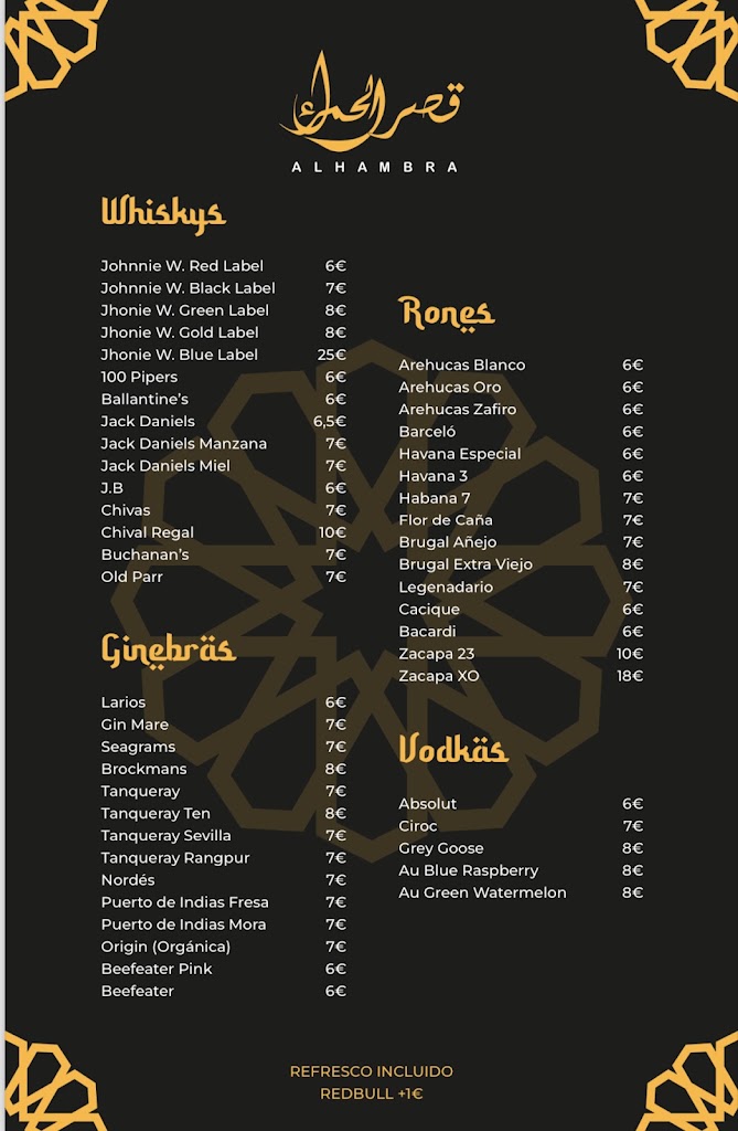 Alhambra shisha bar — Carta