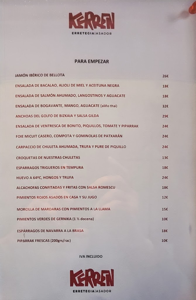 Kerren Asador — Carta