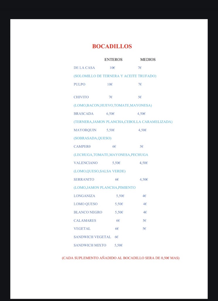 Restaurante Baralida — Carta