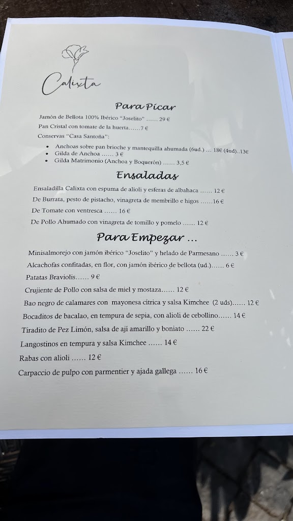 Calixta Restaurante | Pozuelo de Alarcon — Carta