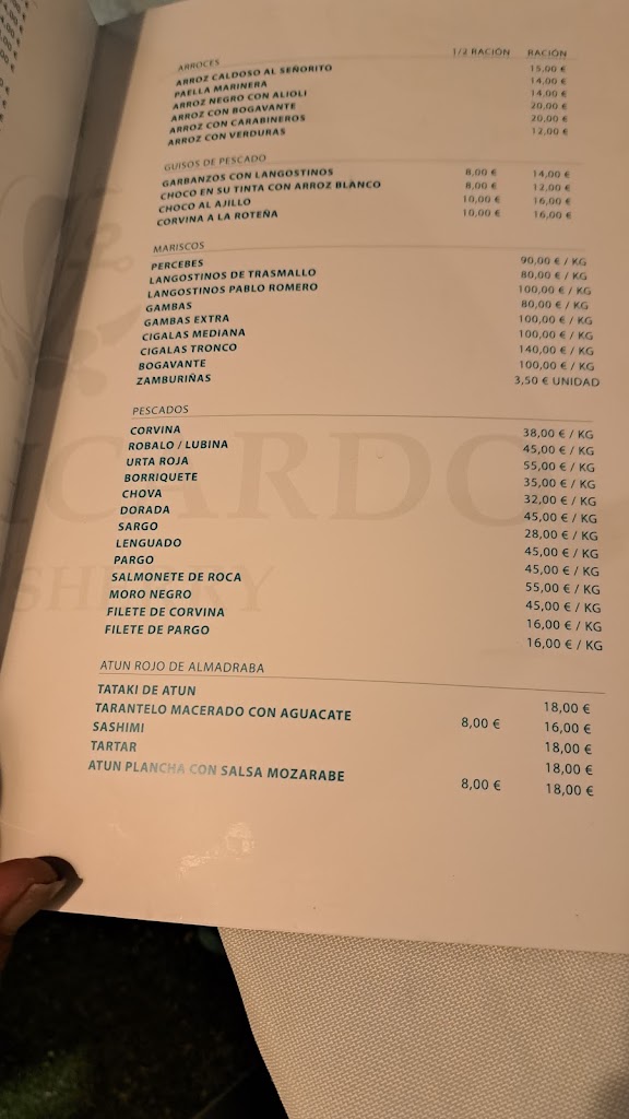 Restaurante Casa Ricardo Puerto Sherry — Carta