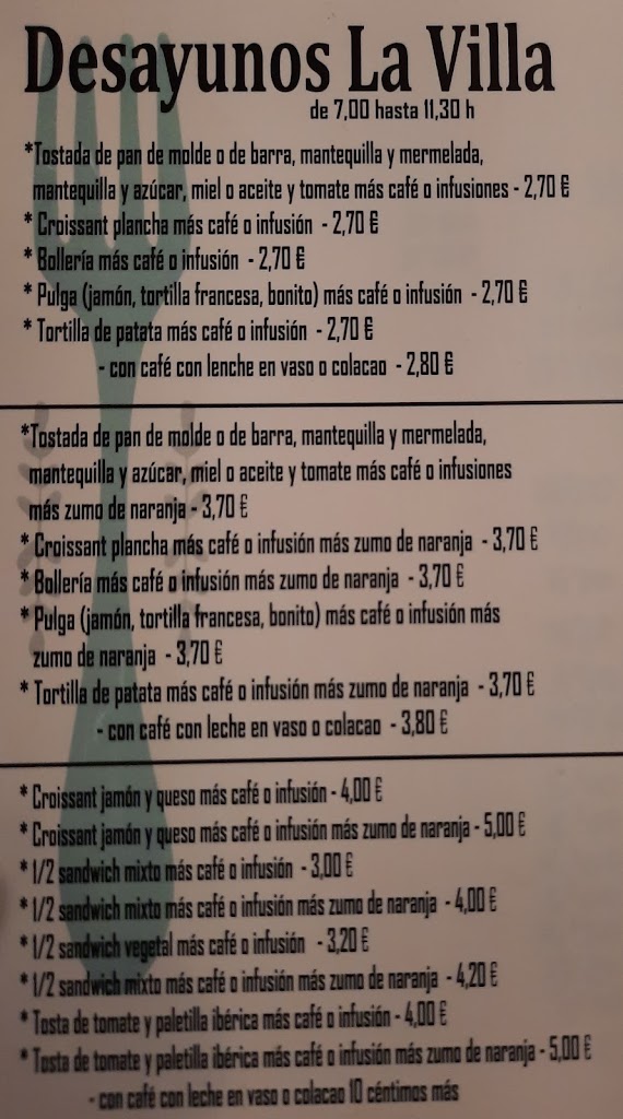 Cafeteria La Villa — Carta