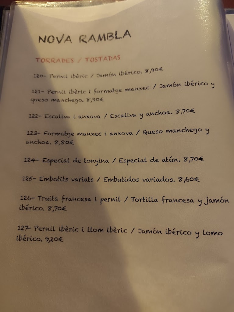 Bar Nova rambla — Carta