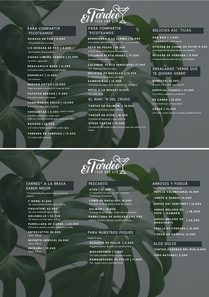 El Tardeo. Food and gin — Carta