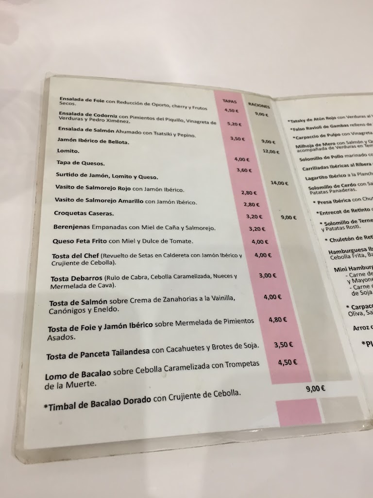 Taperia en Almendralejo DeBarros — Carta