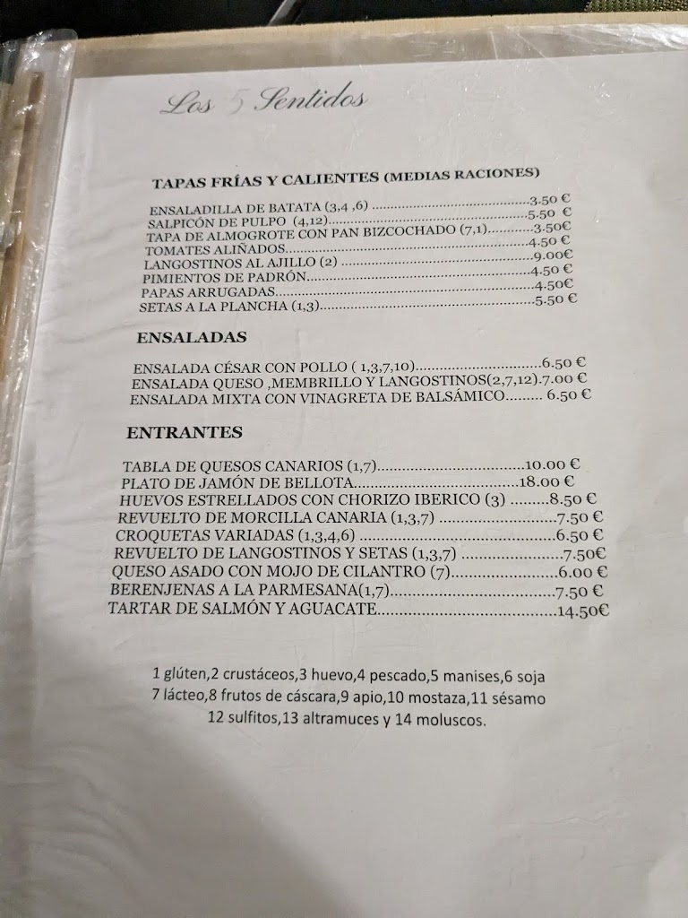 Restaurante Tasca los 5 sentidos — Carta