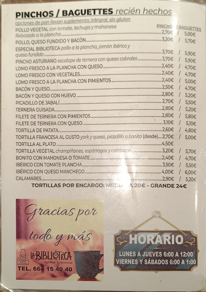 Cafeteria La Biblioteca de Aviles — Carta