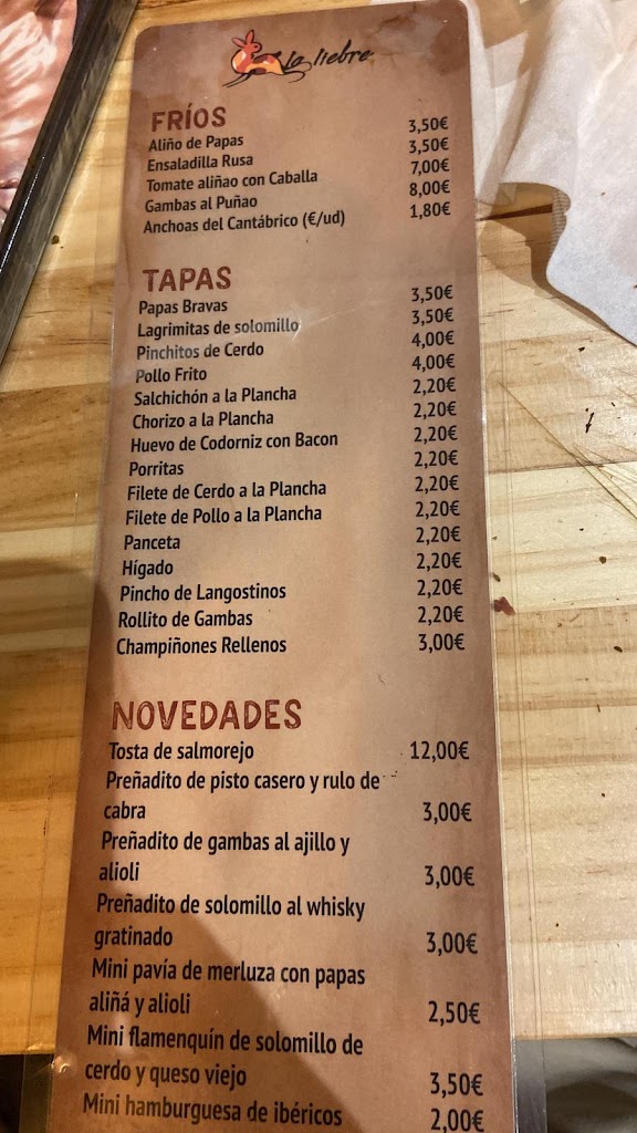 Taberna La Liebre — Carta