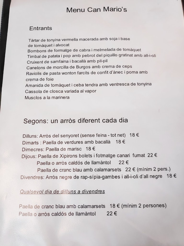 Restaurante Can Mario's — Carta