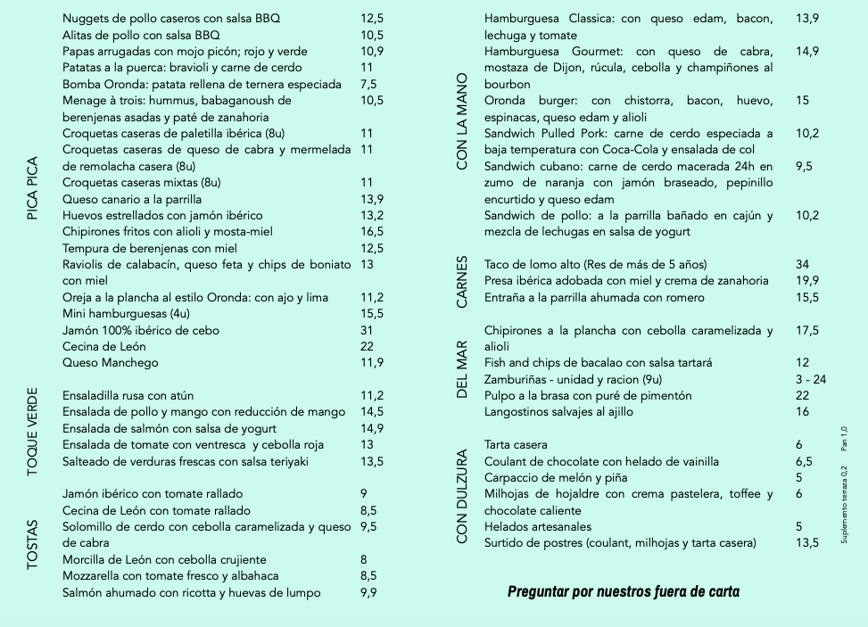Oronda Cocina — Carta