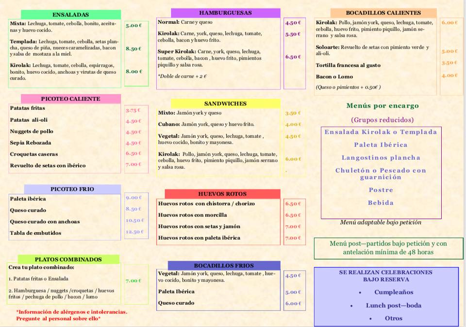 Taberna Kirolak — Carta