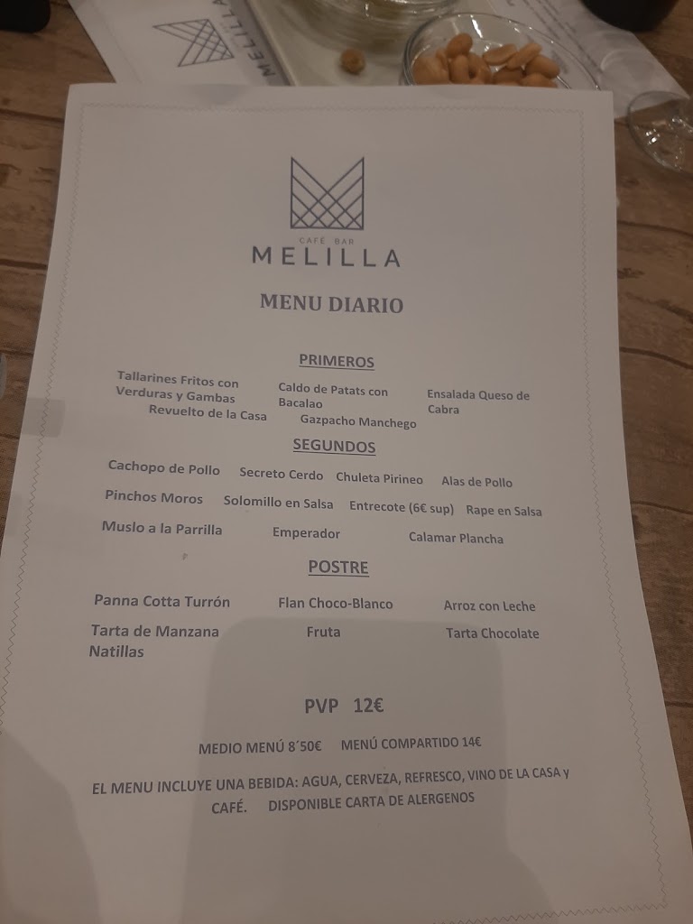 CAFE BAR MELILLA. — Carta