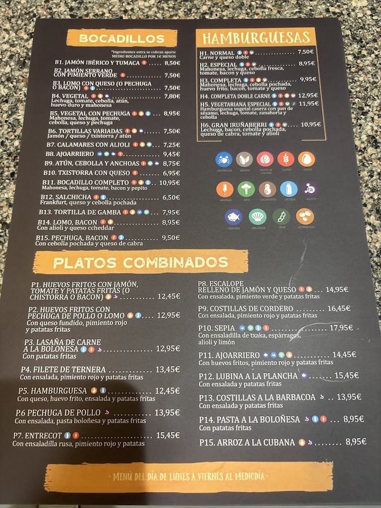 Irunaberri Restaurante — Carta