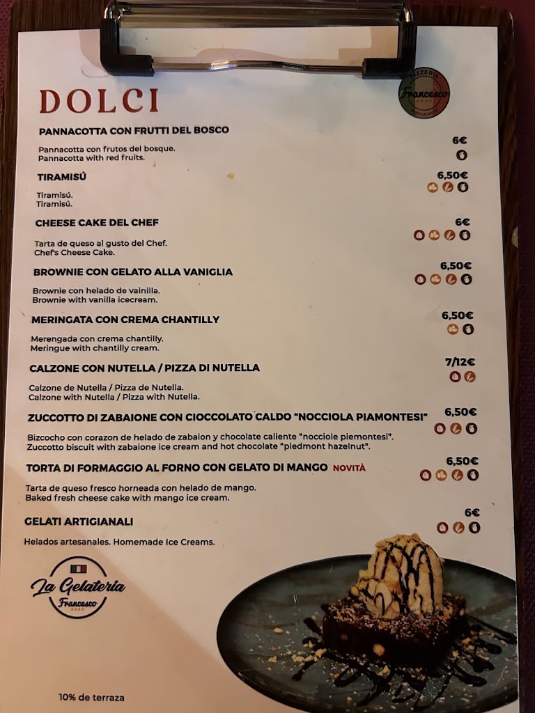 Pizzeria Francesco Sitges — Carta