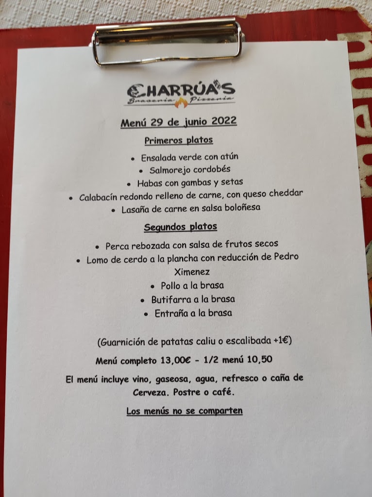Charrua's Braseria Pizzeria — Carta
