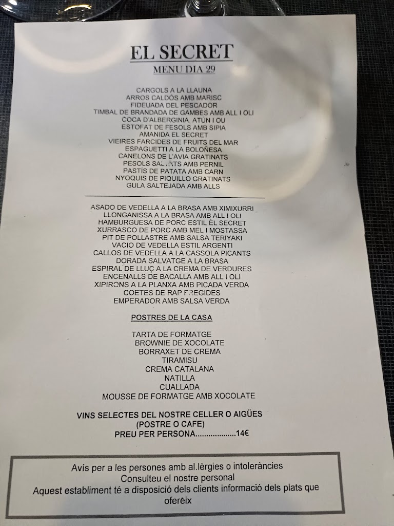 Restaurant El Secret — Carta