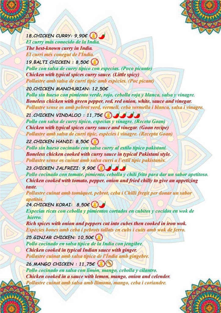 Indian Sabor (Indian restaurante) calella — Carta