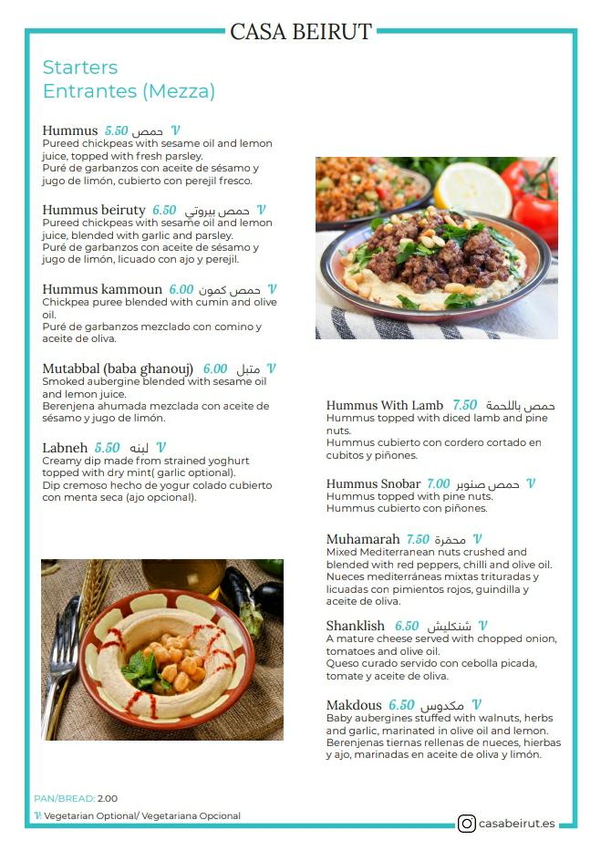 Restaurante Casa beirut — Carta