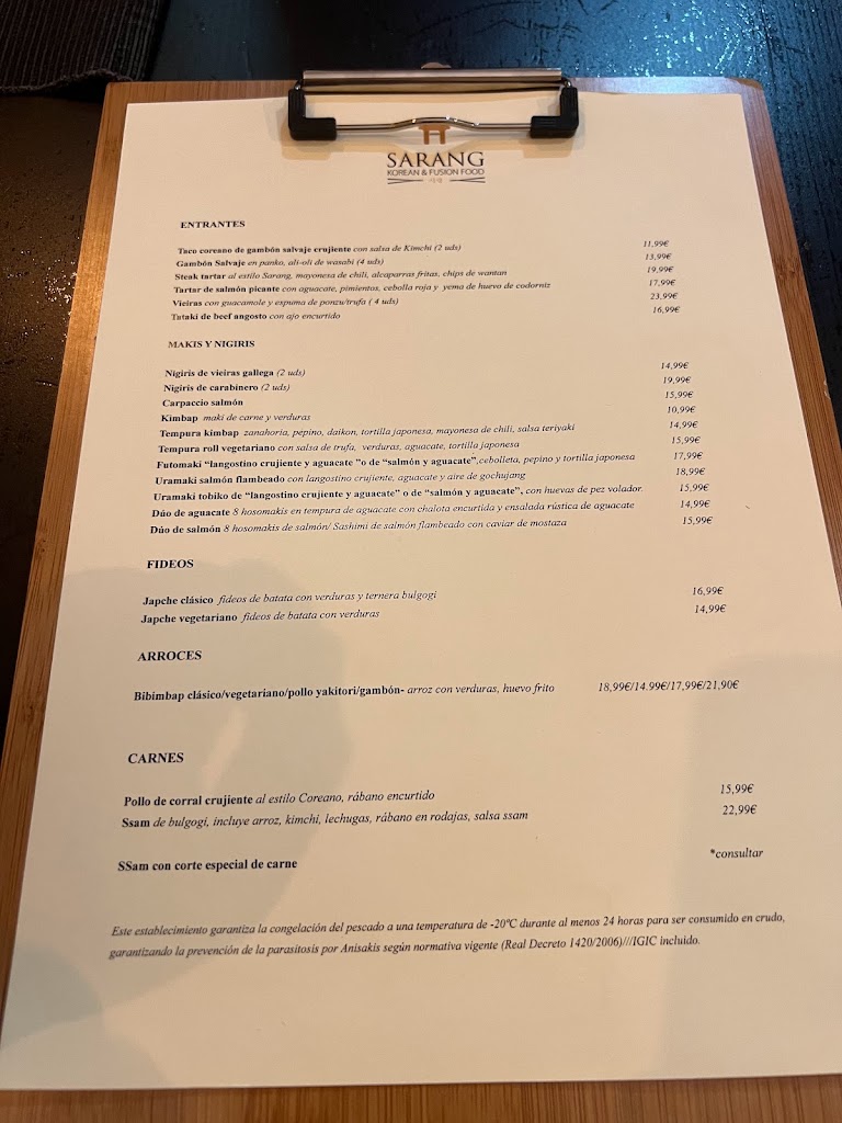 Restaurante Sarang — Carta