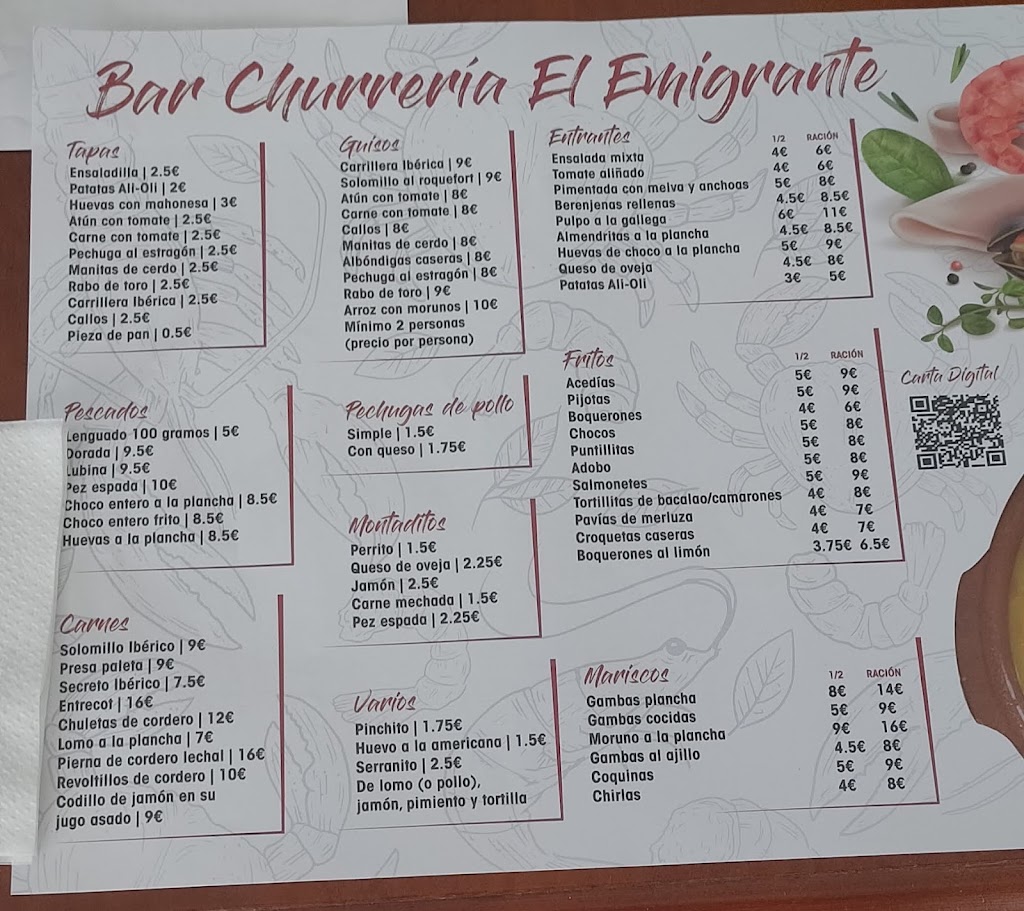 BAR CHURRERIA EMIGRANTE — Carta