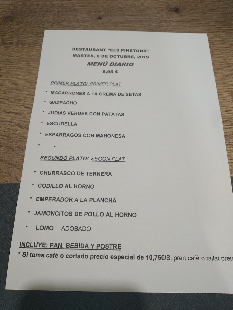 Bar Restaurant Pinetons — Carta