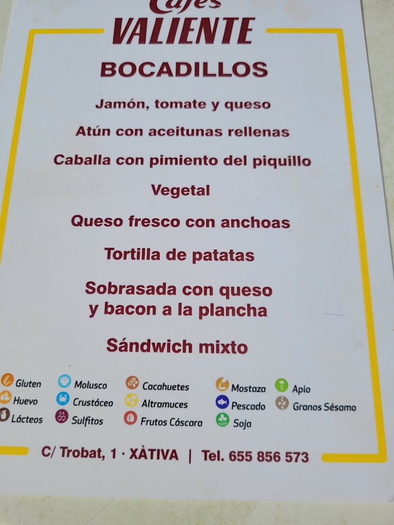 Cafes Valiente Xativa — Carta