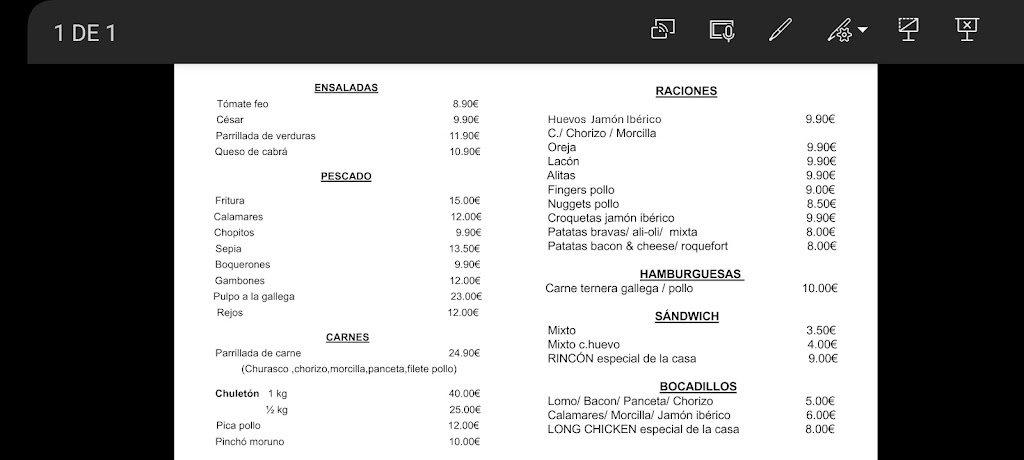 Bar Cafeteria Cerveceria Rincon Castellano — Carta