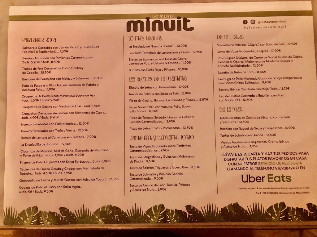 Bar restaurante Minuit — Carta