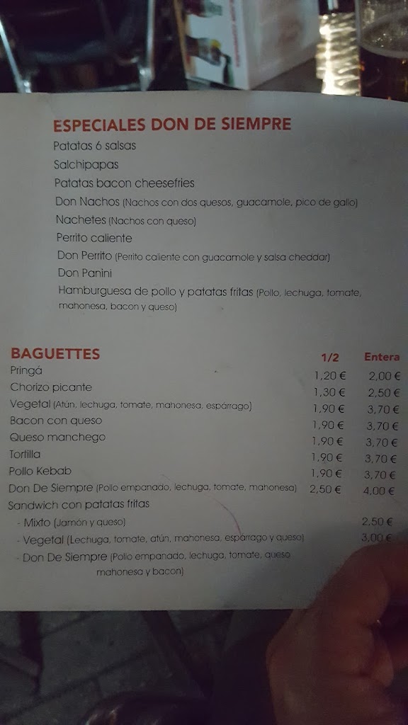 Cerveceria Don D Siempre — Carta