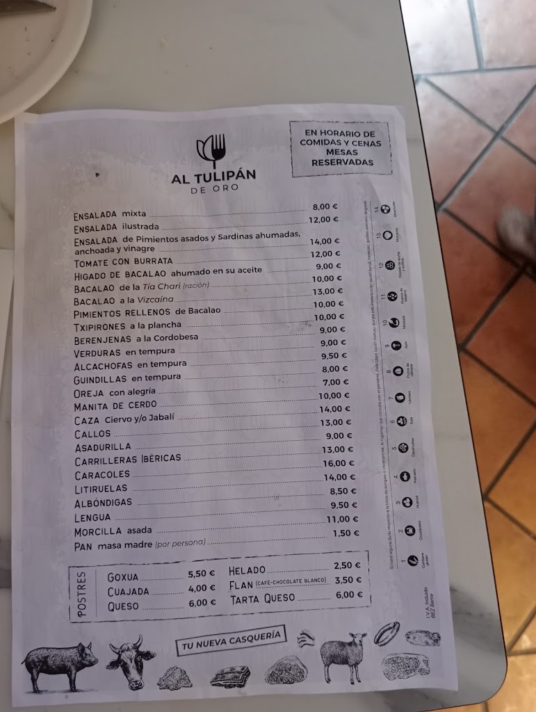 Restaurante Al Tulipan de Oro — Carta