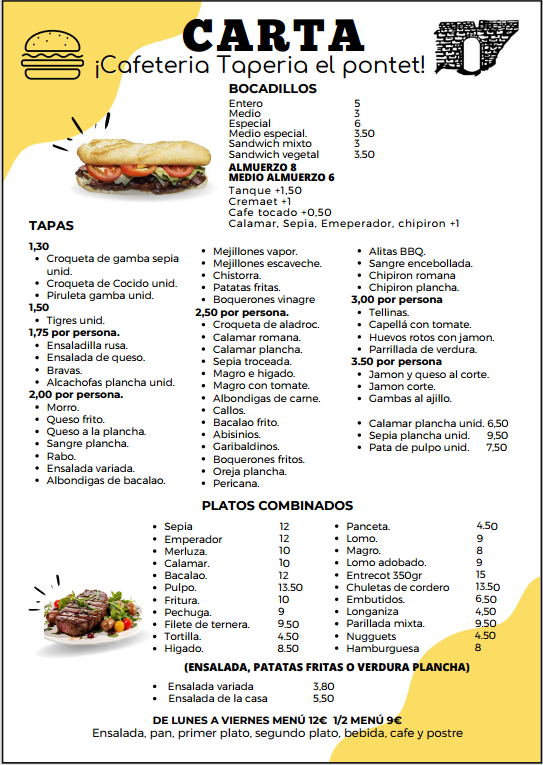 Cafeteria Taperia El Pontet — Carta