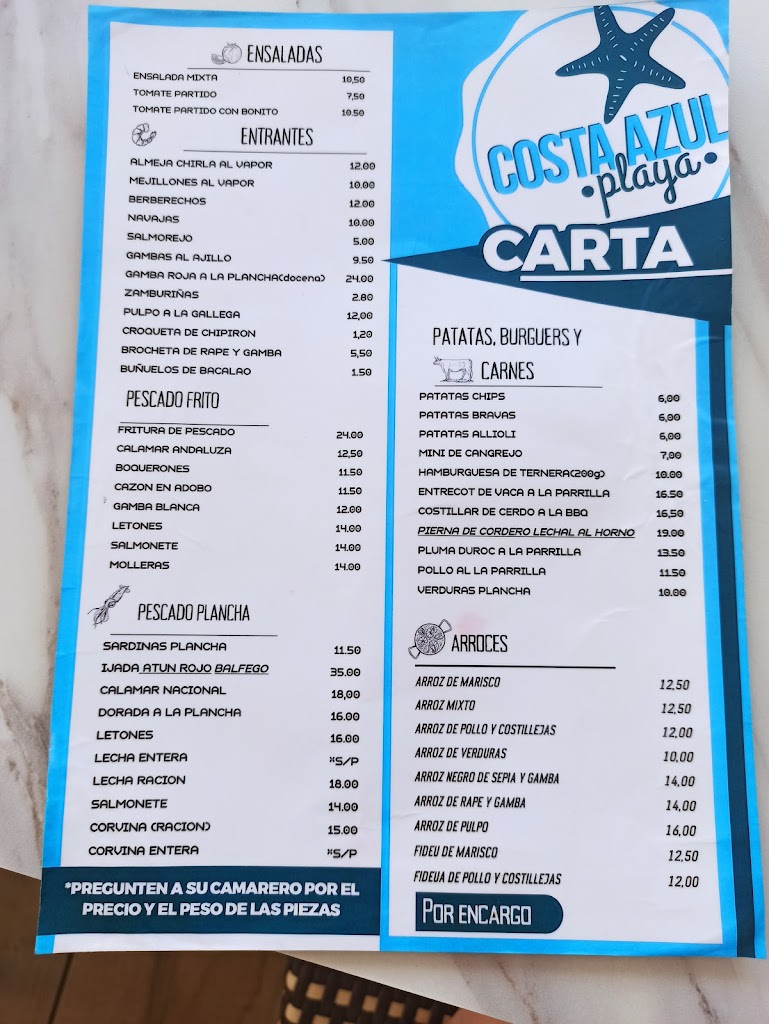 Costa Azul Playa — Carta