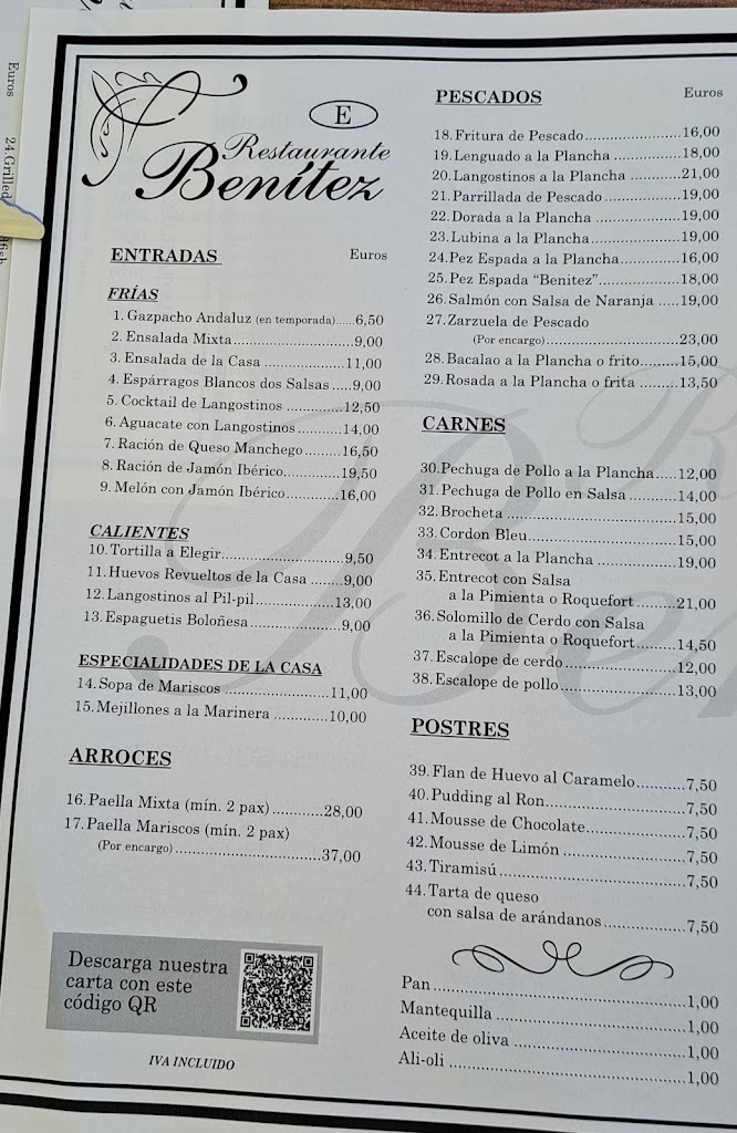 Restaurante Benitez — Carta