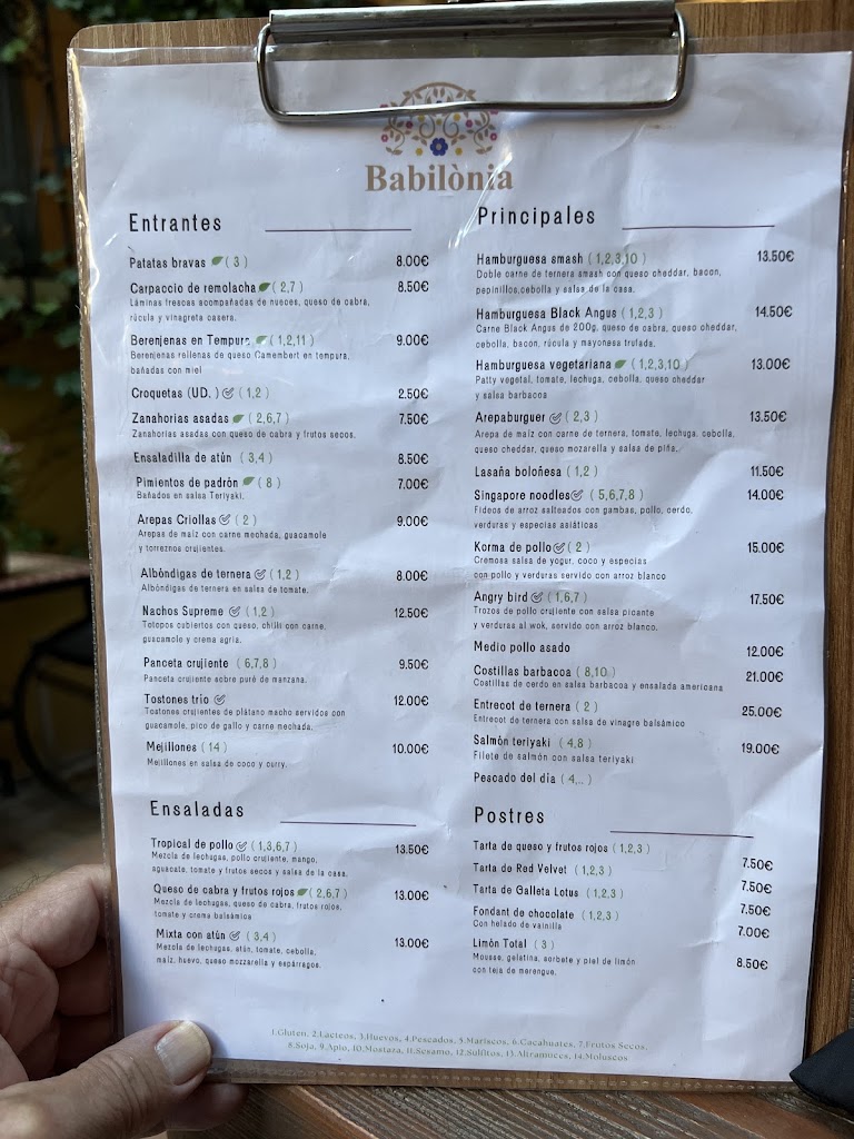 Restaurante BABILONIA — Carta