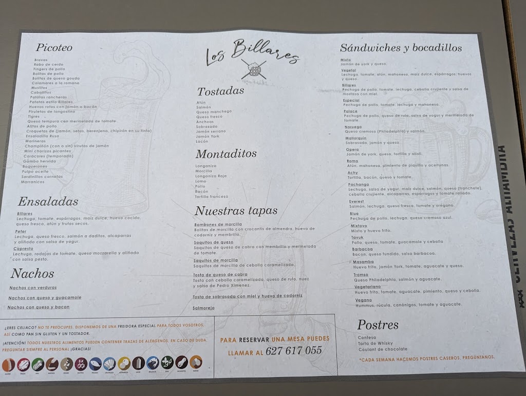 Bar Cafeteria Billares — Carta