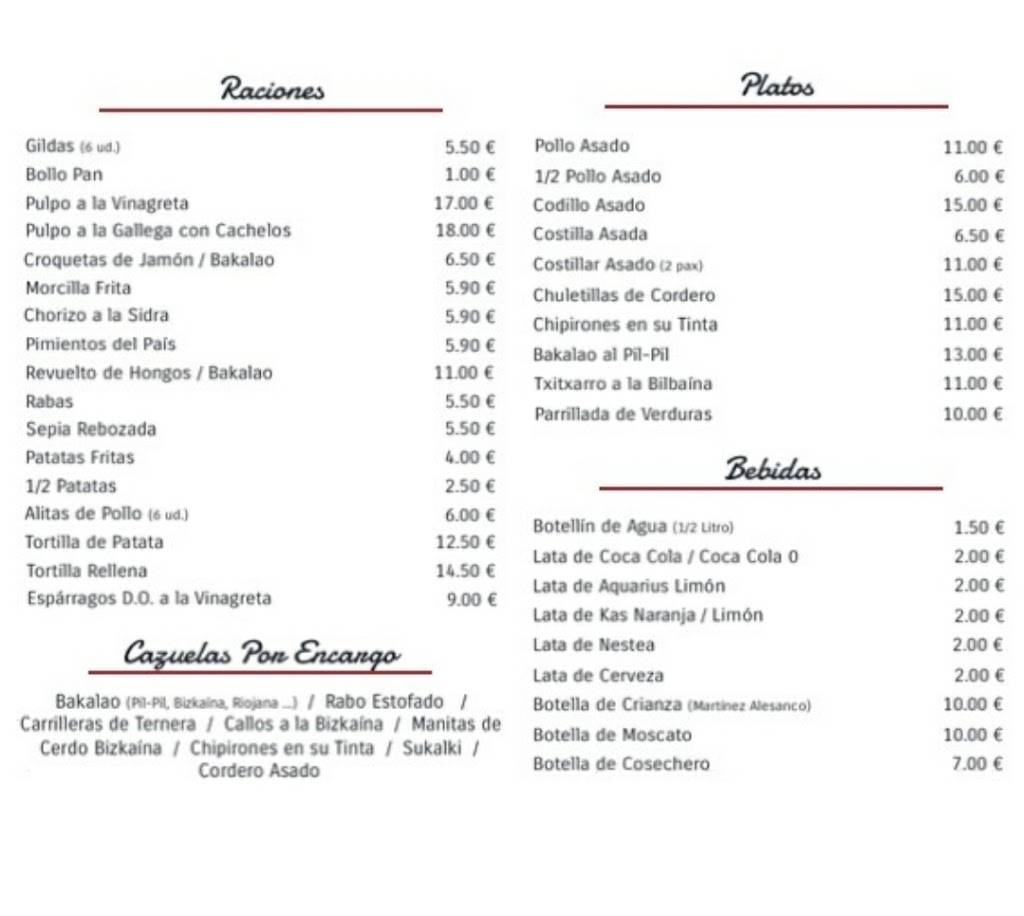 Bar Asador Gozo Gozo — Carta