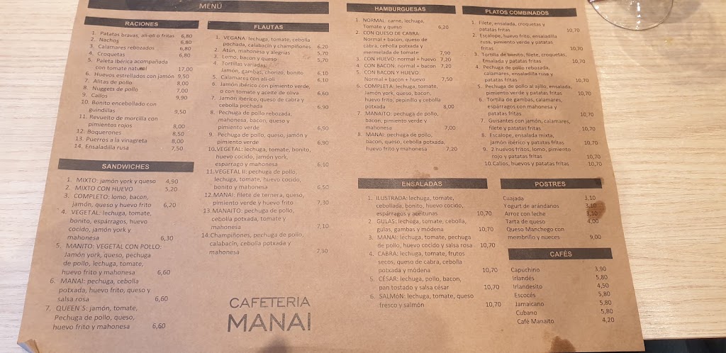 Cafeteria Manai — Carta