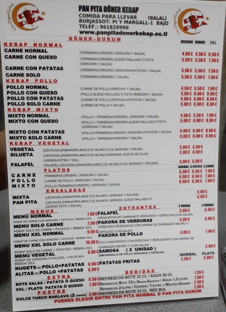 Restaurante Pan Pita Doner Kebap — Carta
