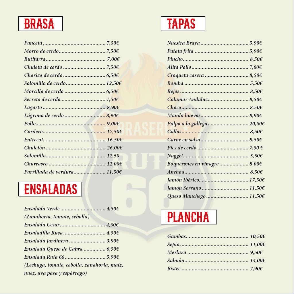 Braseria Ruta 66 — Carta
